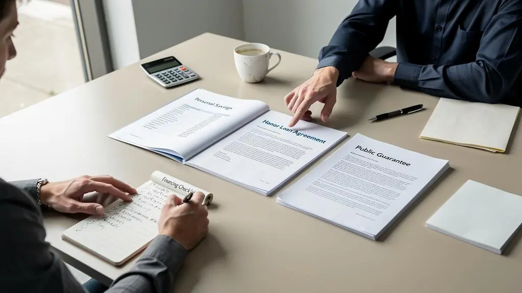 Un porteur de projet de franchise et un conseiller bancaire examinent ensemble plusieurs dossiers de financement étalés sur une table de réunion.