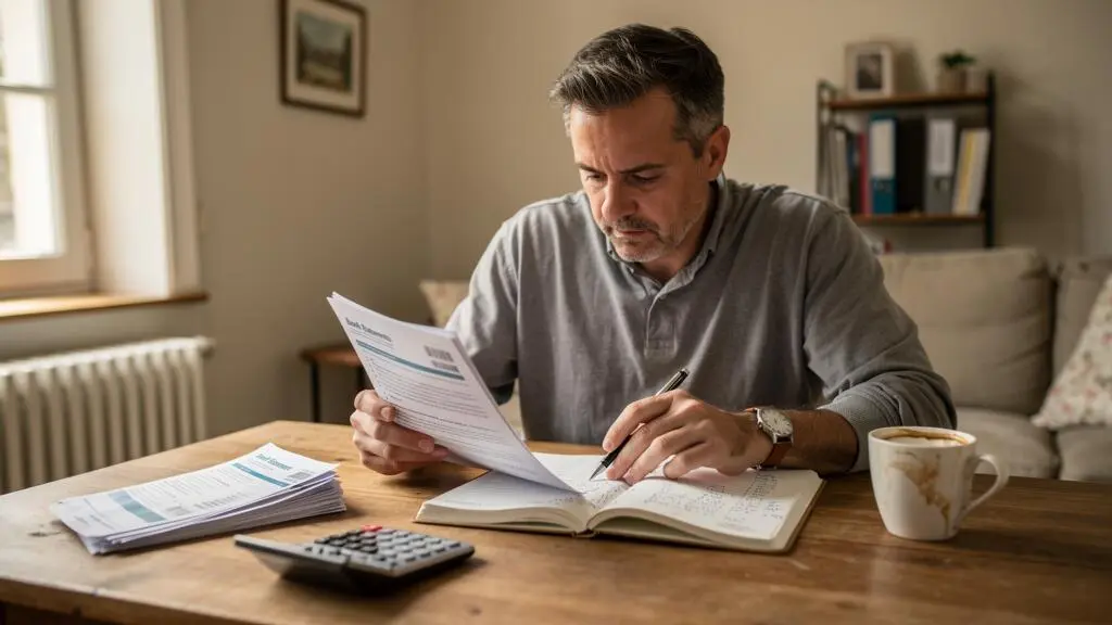 Un futur franchisé compare un document précontractuel imprimé avec ses notes financières posées sur une table en bois.