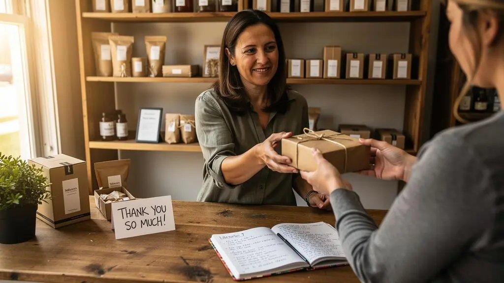 Une commerçante remet un achat emballé à une cliente fidèle au comptoir d'une boutique de quartier, avec un mot de remerciement manuscrit posé sur le comptoir.