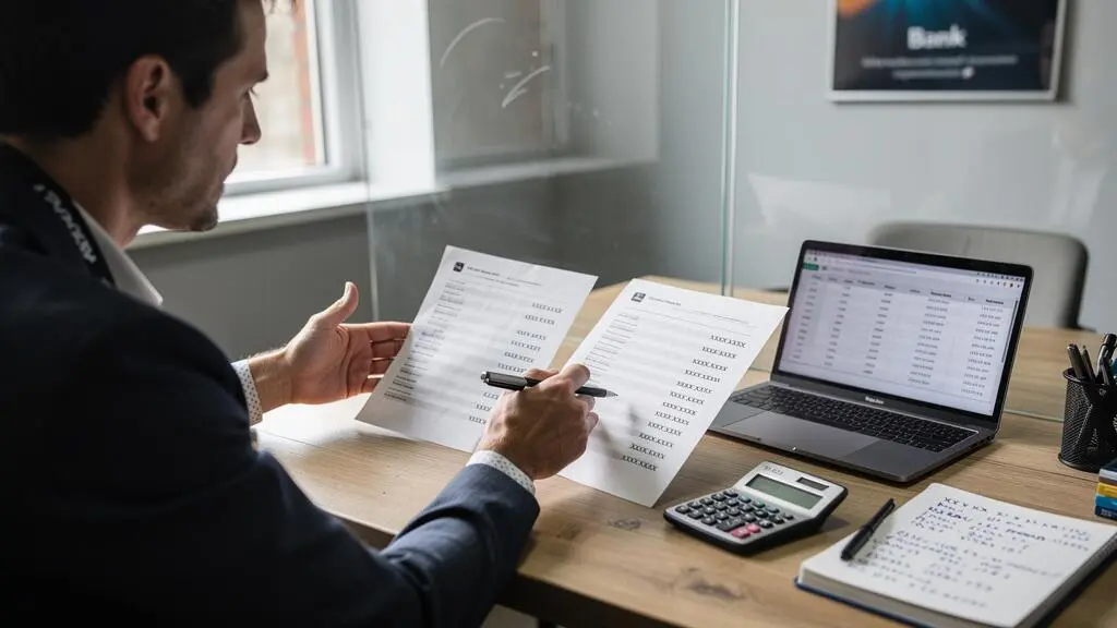 Un dirigeant d'entreprise compare deux offres de prêt professionnel posées côte à côte sur une table de banque, un stylo à la main, avec une calculatrice et un ordinateur portable ouvert.