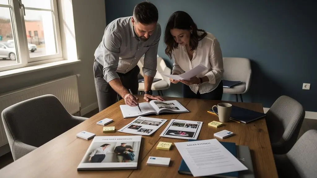Un consultant et une collaboratrice comparent une brochure imprimée et des visuels de réseaux sociaux posés sur une table pour vérifier la cohérence des messages de la marque.