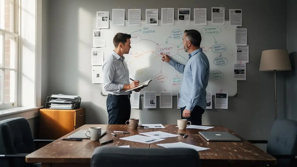 Un consultant et un dirigeant échangent devant un tableau blanc où figure un plan de contenus reliés entre eux dans une salle de réunion éclairée par la lumière du jour.