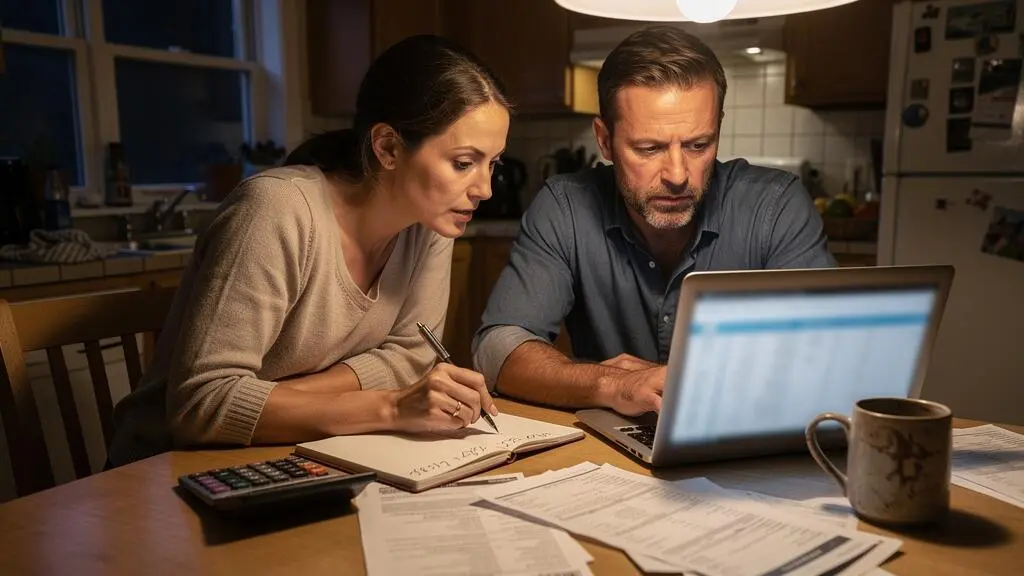 Un couple assis à la table de la cuisine examine un budget, des relevés bancaires et un ordinateur portable pour préparer un projet entrepreneurial.