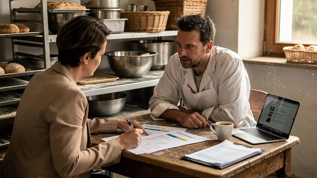 Un dirigeant de boulangerie artisanale examine avec un conseiller des dossiers de financement posés sur une table de son atelier.