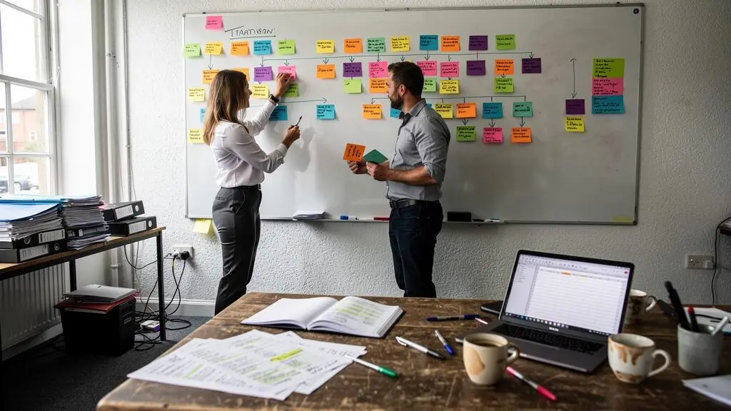Un dirigeant de PME et une collaboratrice réorganisent des fiches représentant les postes et les équipes sur un tableau blanc dans un bureau en pleine croissance.