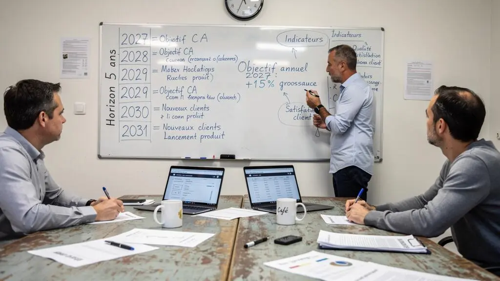 Un dirigeant de PME écrit un objectif annuel sur un tableau blanc lors d'une réunion stratégique avec deux de ses managers.