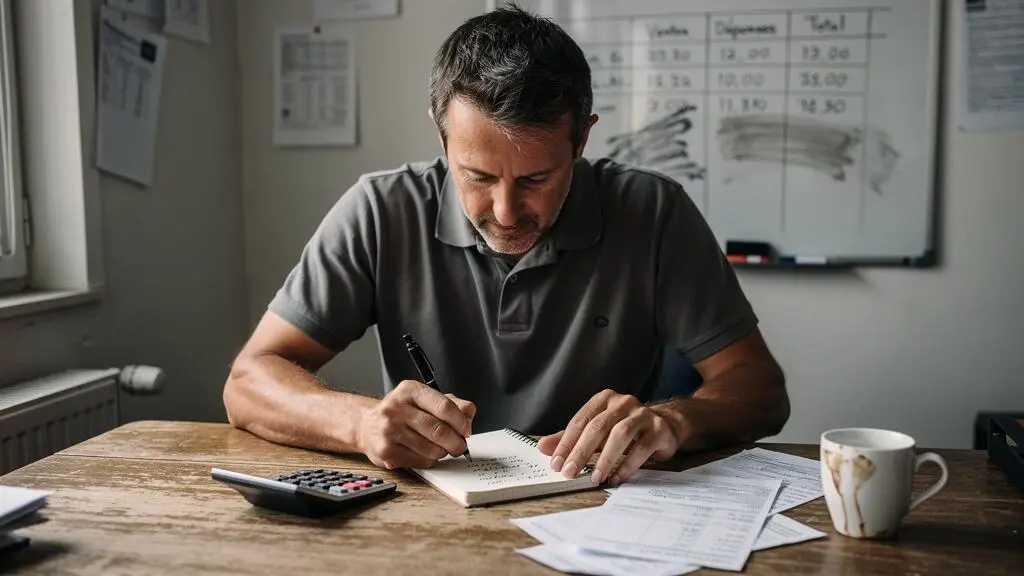 Un dirigeant de petite entreprise assis à son bureau compare des chiffres d'acquisition de clients dans un carnet, calculatrice et factures à côté de lui.