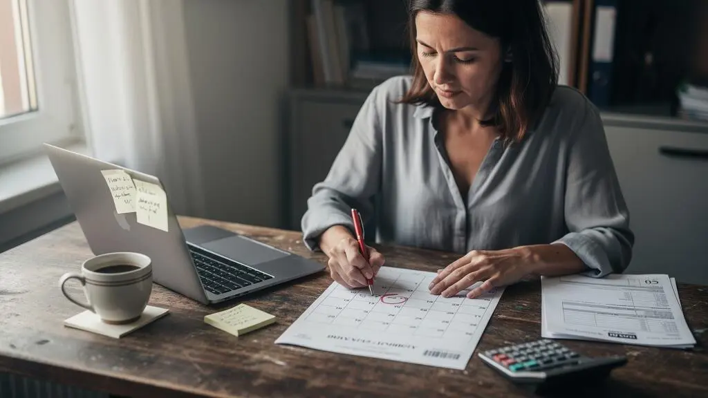 Une dirigeante annote sur un calendrier la date d'un prélèvement fixe, l'érelevé bancaire et une calculatrice posés à côté de son ordinateur portable.