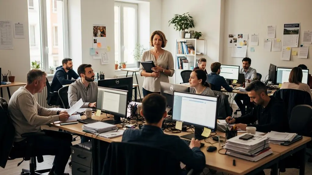 Une dirigeante observe avec recul une équipe d'une quinzaine de collaborateurs qui travaille en autonomie dans un open space.