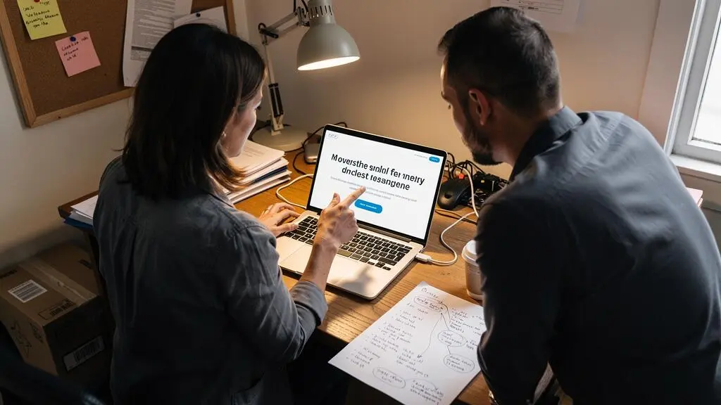 Une dirigeante de PME et un collègue examinent ensemble la page d'accueil de leur site internet sur un ordinateur portable au bureau.