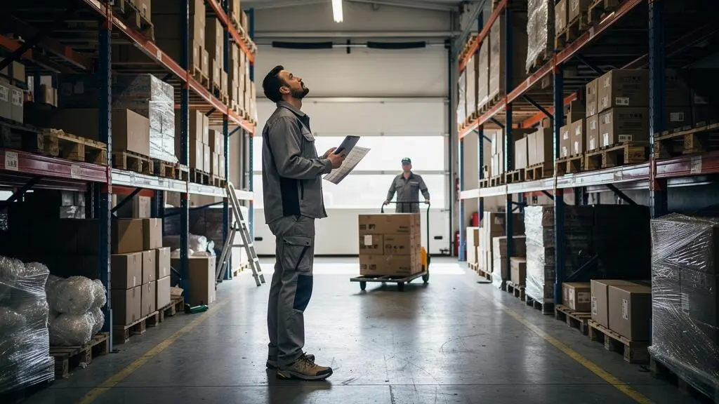 Un responsable d'entrepôt compare une fiche de stock et sa tablette devant des rayonnages remplis de palettes et de cartons, pendant qu'un cariste déplace une palette en arrière-plan.