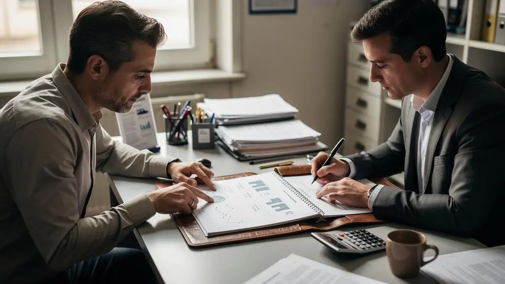 Un entrepreneur et un conseiller bancaire examinent ensemble la première page d'un dossier de business plan posé sur un bureau d'agence bancaire.