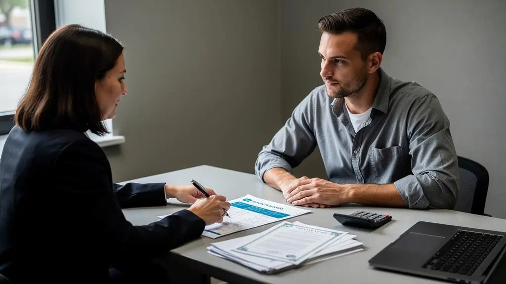 Un entrepreneur écoute un conseiller bancaire qui lui explique un plan de financement appuyé sur une attestation posée sur le bureau.
