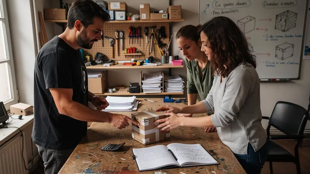Un entrepreneur présente un prototype simple à deux clients potentiels autour d'une table de travail dans un atelier.