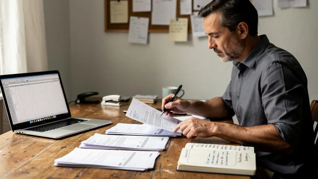 Un entrepreneur trie des factures et des contrats d'abonnement en plusieurs piles sur une table de travail, un ordinateur portable et un carnet ouvert à côté.