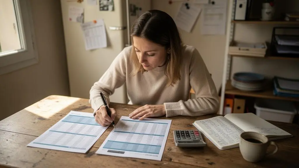 Une entrepreneuse compare trois simulations imprimées sur une table de son bureau à domicile, avec une calculatrice et un carnet de notes.