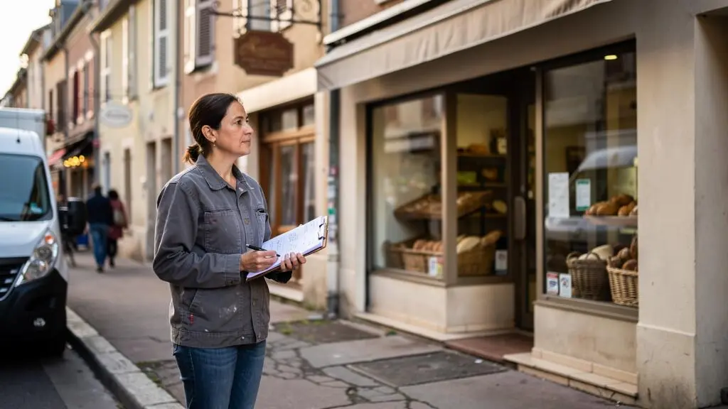 Une entrepreneuse observe un commerce de rue dans une ville moyenne française en notant ses observations sur un porte-bloc.