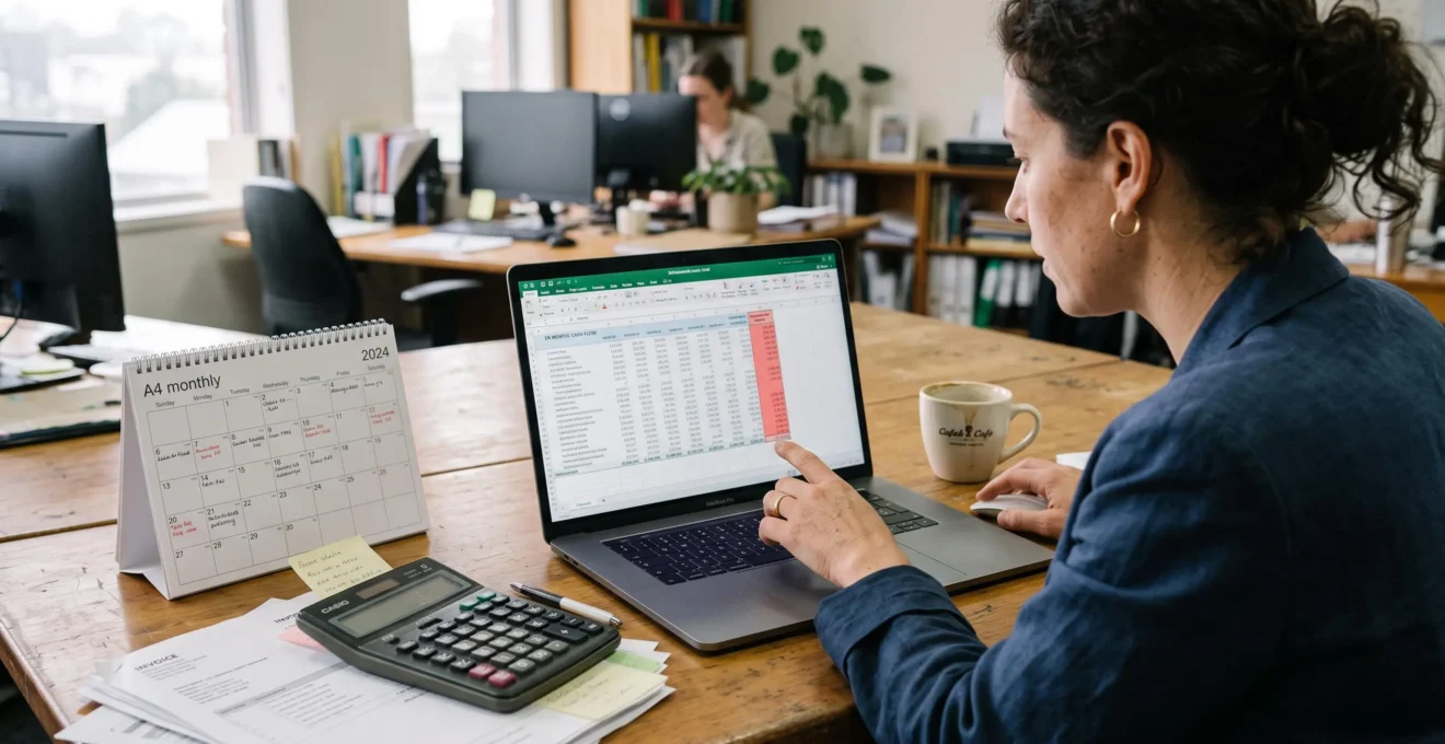 Une entrepreneuse compare le point bas de son plan de trésorerie prévisionnel sur 36 mois affiché sur son ordinateur portable.