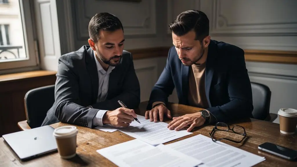 Un fondateur et un avocat examinent ensemble un document imprimé posé sur une table de réunion, l'avocat pointant une clause avec son stylo.