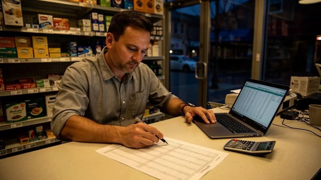 Un franchisé examine un tableau de calcul de rentabilité sur le comptoir de son magasin après la fermeture, calculatrice et ordinateur à côté des documents.