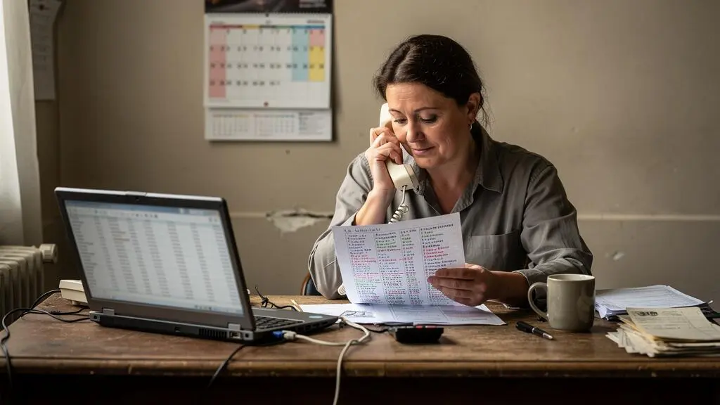 Une gérante de PME au téléphone avec un ancien client, comparant une liste de contacts annotée posée sur son bureau