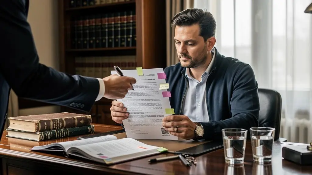 Un futur franchisé lit un long contrat de franchise annoté de marque-pages colorés pendant qu'un avocat pointe une clause avec un stylo au bureau