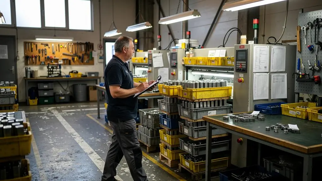 Un responsable de production suit le parcours d'une commande le long d'une ligne d'atelier et observe une file de pièces en attente devant une machine.