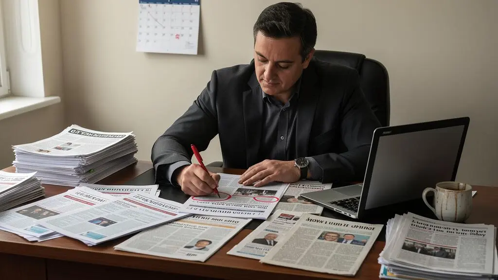 Un consultant analyse des annonces de recrutement et des coupures de presse sur son bureau pour détecter des signaux d'achat chez ses prospects.