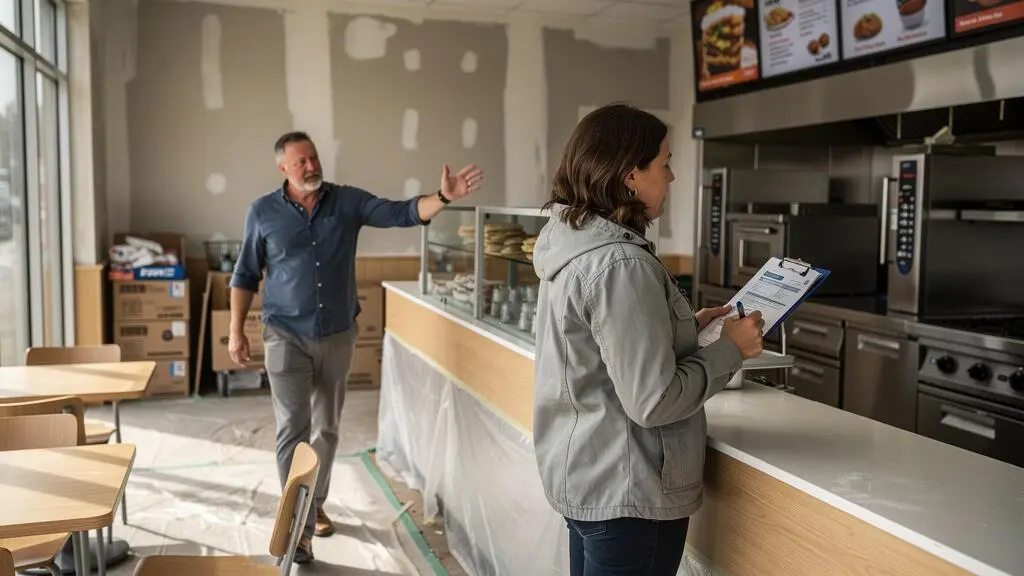 Une future franchisée visite une unité de restauration encore vide, documents en main, accompagnée d'un représentant du réseau qui lui présente l'espace.